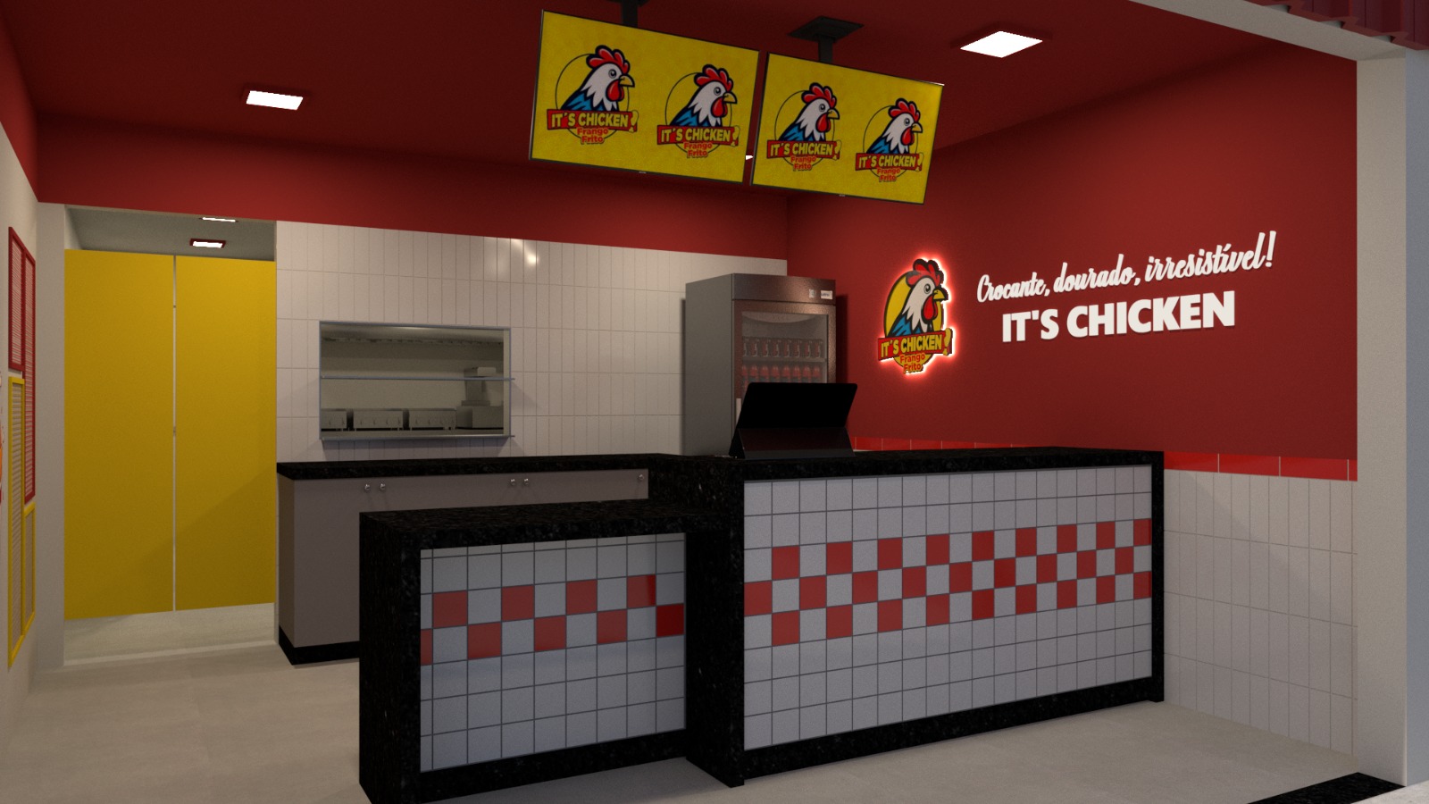 Interior de uma unidade It's Chicken com balcão e identidade visual vermelha e amarela