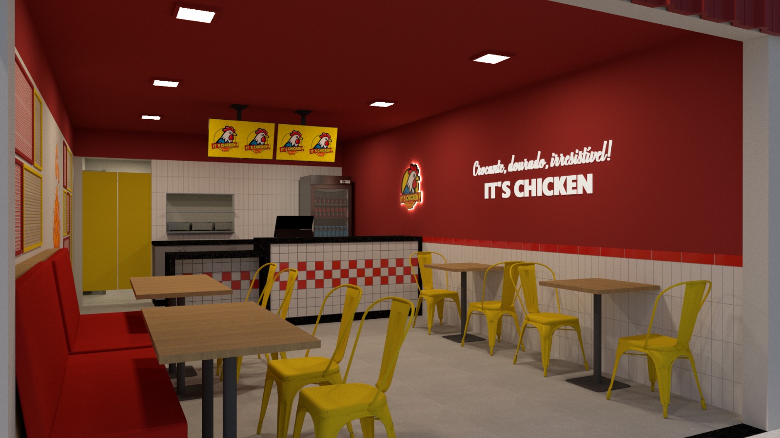 Interior de uma unidade It's Chicken com balcão, cardápio digital e identidade visual vermelha e amarela